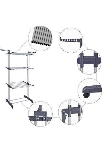 İNORAVA Vertical Clothes Drying Rack, 3 Levels, Foldable, 14 Hanger Supports, Mobile with Wheels - CN
