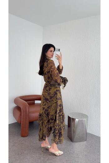 HAZELANNA Asymmetrical Chiffon Dress with Gold Paisley Pattern on Brown Background