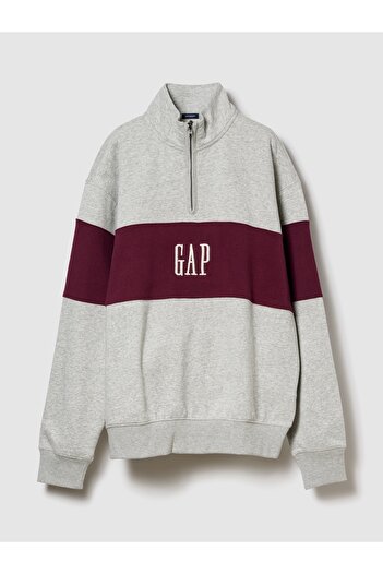 GAP Erkek Açık Gri VintageSoft Colorblock Logo Yarım Fermuarlı Sweatshirt