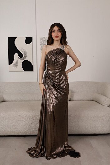 Generic One-shoulder long bronze evening gown with sparkly crystals