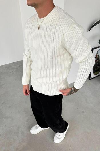 HAFKAGİYİM Ecru Knitted Pattern Relaxed Knitwear Sweater