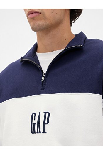 GAP Erkek Lacivert VintageSoft Colorblock Logo Yarım Fermuarlı Sweatshirt