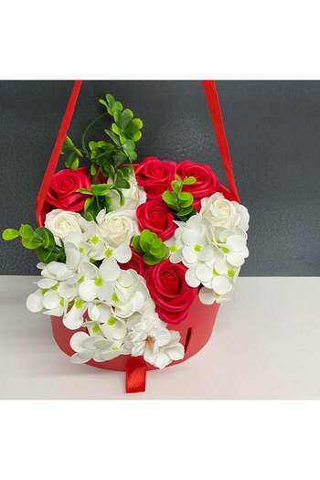 velve Floral arrangement with roses and soap orchids in a basket with a drawer, Red