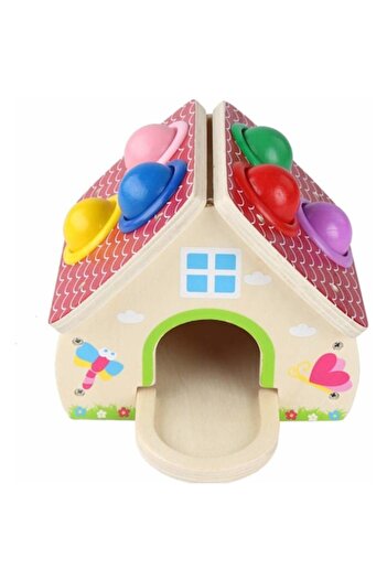 Bibilel Kids Casuta educativa lemn Montessori, Play Time, ceas, ciocanel lemn, 6 bile colorate, + 3 ani