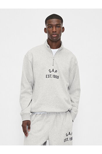 GAP Erkek Gri VintageSoft Oversized Logo Yarım Fermuarlı Sweatshirt