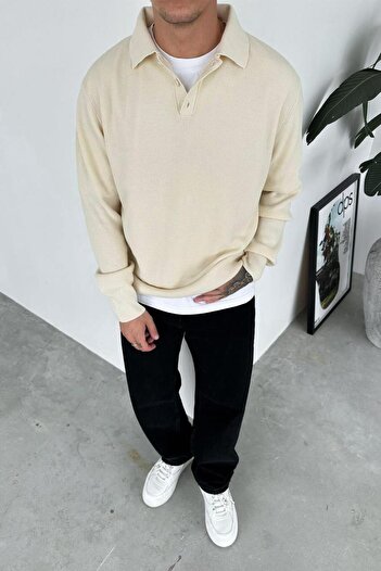 HAFKAGİYİM Cream Basic Polo Neck Knit Sweater