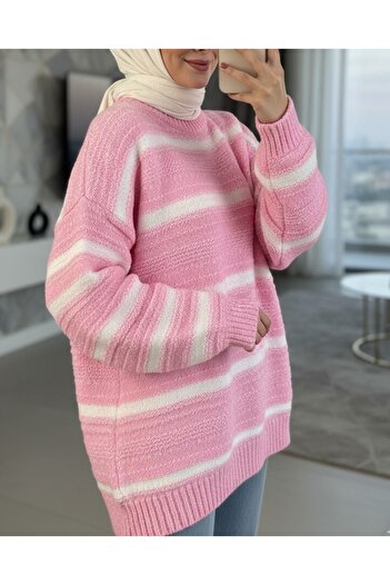 Modamorfo Thick Line Patterned Knitted Sweater -Pink