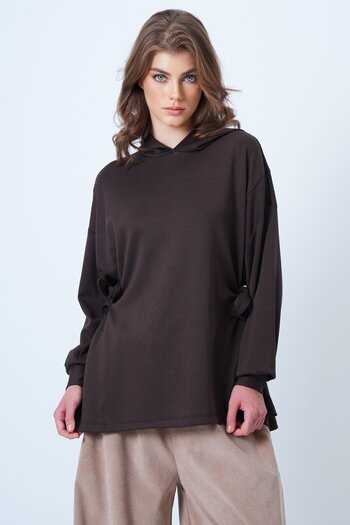 VAGGON Women's Brown Hooded Side-Tie Modal Oversize Sweatshirt Vs01176