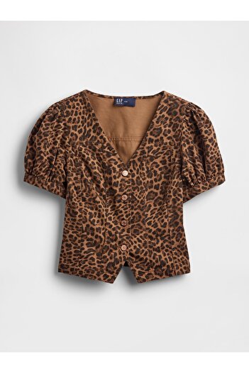 GAP Kadın Kahverengi Puff-Sleeve Seamed Bluz