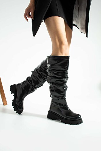 diclepolat Women's Black Thick Soled Long Drawstring Boots Venom