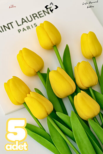 LİGROUND 5-Piece Artificial Tulip Bunch Realistic Decorative Flower Bouquet 5 Pieces Wet Tulip 30 cm Bridal Flower Home Office