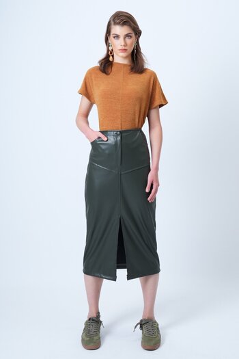 VAGGON Women's Khaki Double Pocket Slit Midi Length Faux Leather Skirt Vs01182