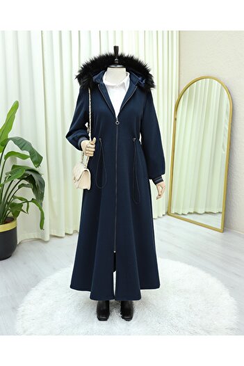 Modamorfo Hooded Cashmere Coat with Elastic Waist and Pockets - Navy