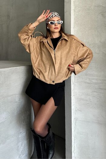 GALAVİP Women's New Lux Soft Oversize Bomber Suede Jacket