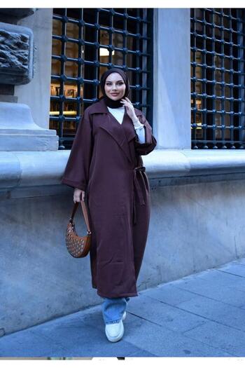 New Lune Women's Modest Clothing Matching Oversized Belted Trench Coat V-Neck, Belt, Double Pockets, Long