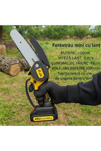 OEM Mini Drujba Electrica cu Lant 48V, 1500W – Ungere Automata a Lantului, 2 Baterii Reincarcabile, Pu
