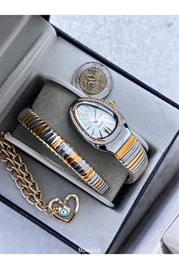 Reward Stone Snake Watch from Thick to Thin, Single Tour, Polite Case (24 Diameter), 3 Atm Gold/Gray Steel Band