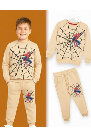LİTTLE TORTOİSE Boys' Spiderman Print Soft Inner Texture Raster Tracksuit Set Bottom-Top Set