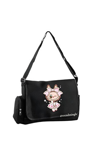 DEEFWEAR Black Labubu Cute Princess Printed Unisex Messenger Bag -Trendmingle