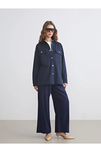 LC Waikiki Lcw Modest Navy Blue Striped Oversize Women's Shirt Tunic