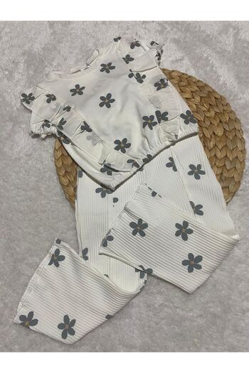 CANSU BUTİK Girl's Daisy Patterned Long Set with Elastic Sleeves and Ribbed Bottoms (5-F)
