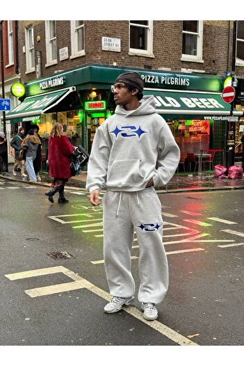 CLASSY.MODA Unisex 3 Thread Hooded Sweatshirt and Sweatpants Oversized Kangaroo Pocket Large Graphic Print
