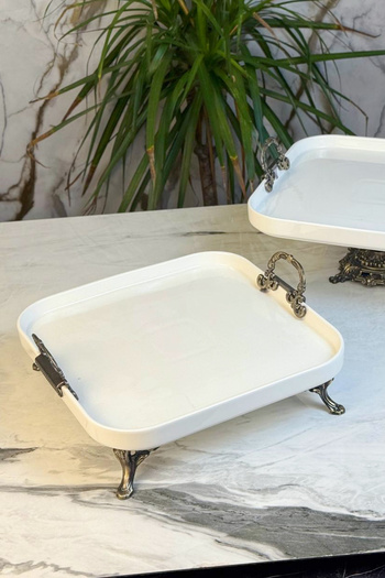 MAY HOME Antique Square Porcelain Presentation Plate & Standing Cookie Food Serving Plate with Handle