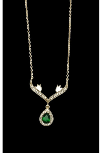 Bijuty Emerald Green Zircon Drop Stone Steel Chain Necklace - Silver Color