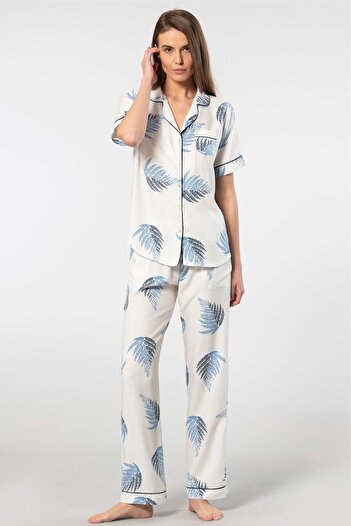 TÜREN Women's 3604/Ecru Patterned Short Sleeve Woven Pajama Set