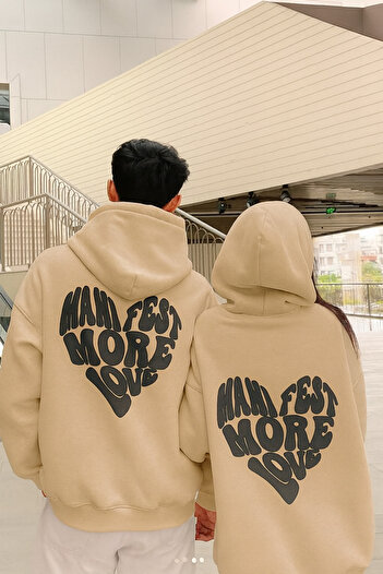 CLASSY.MODA Unisex Hooded Sweatshirt 3 Thread Relaxed Fit Kangaroo Pocket Manifest More Love Heart Printed