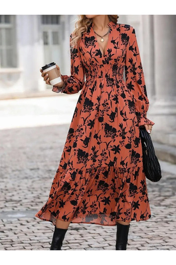 Masspera Women's Double Breasted Collar Long Sleeve Floral Print Maxi Dress