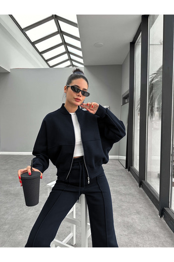 BARLİZ Women's 3 Thread Zippered Trendy Model Bomber Cardigan Set