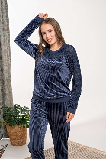Lohussa Women's Navy Blue Special Design Exclusive Corduroy Women's Pajama Set