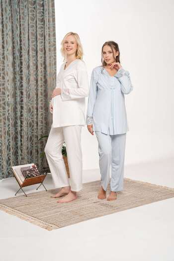 Lohussa Women's Blue Shawl Collar Lace Detailed Winter Special Design Maternity Pajama Set