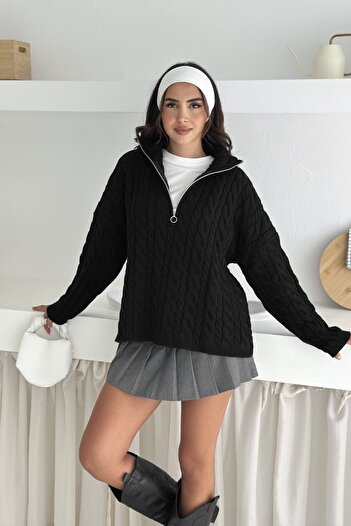 Noi Belis Pulover oversize tricotat cu fermoar pe jumătate cu împletitură de păr AW25KZ0052