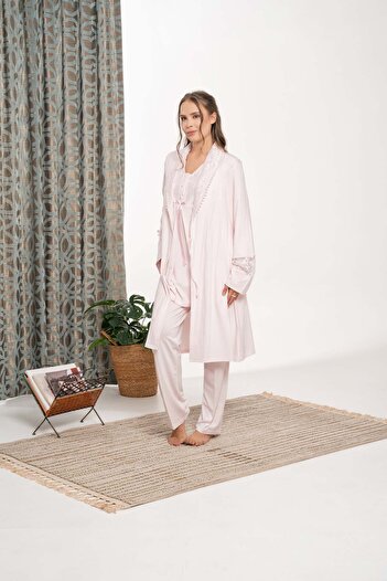 Lohussa Women's Powder Shawl Collar Lace Detailed Winter Special Design Maternity Postpartum Dressing Gown Pajama Set