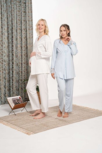 Lohussa Women's Ecru Shawl Collar Lace Detailed Winter Special Design Maternity Postpartum Dressing Gown Pajama Set