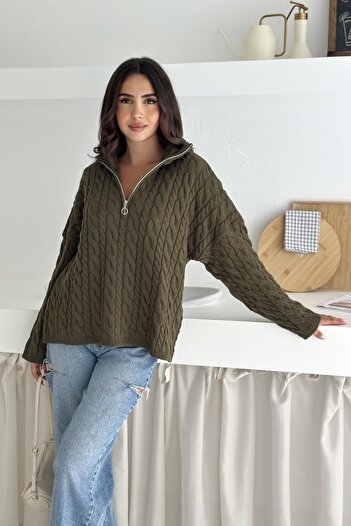 Noi Belis Oversize Hair Braided Half Zipper Knitwear Sweater Aw25Kz0052