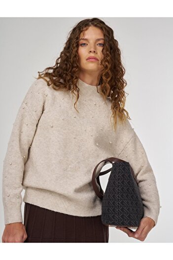 Kayra Pearl Detailed Knitwear Sweater Stone