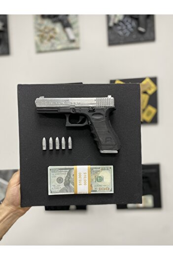 OKO DESİGN 3D Dekoratif Tablo – Glock-19 Gümüş, Mermi ve Para Banknotu