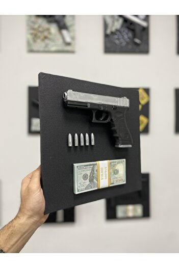 OKO DESİGN 3D Dekoratif Tablo – Glock-19 Gümüş, Mermi ve Para Banknotu