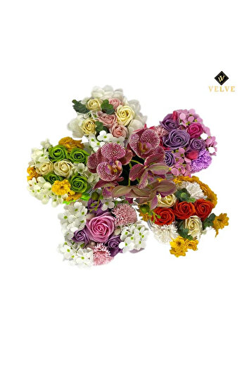 velve Floral arrangement in a round white box with soap roses, accessories, Model 1, yellow-white-red