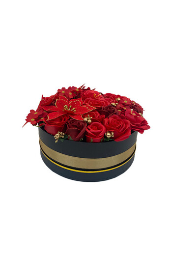 velve Floral arrangement in a round black box with poinsettias, hydrangeas and soap roses, Red