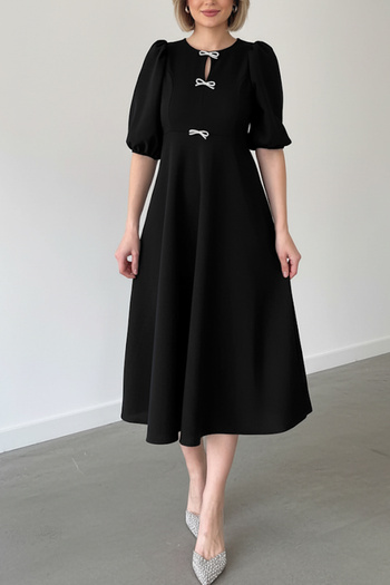 MILANOFOX Balloon Sleeve Drop Neck Bow Midi Length Crepe Black Dress