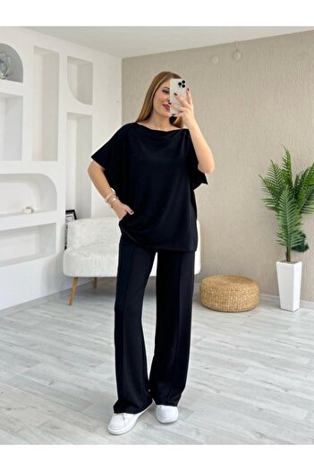 goopall Women's Short Sleeve Boat Neck Stitching Detail Viscose Two Thread Blouse and Trousers Double Suit