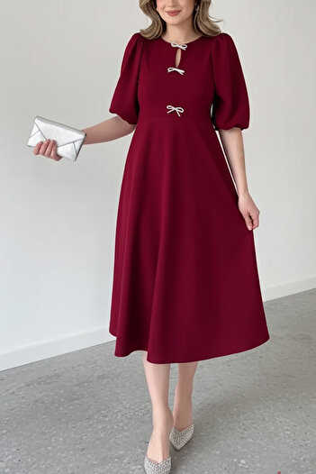 MILANOFOX Balloon Sleeve Drop Neck Bow Midi Length Crepe Burgundy Dress