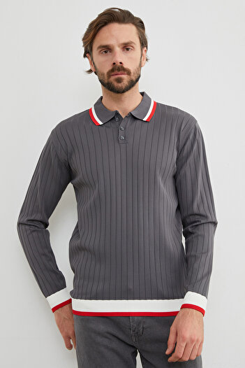 Fulla Moda Striped Ribbed Polo Collar Knitwear Sweater