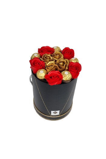 velve Desire floral arrangement in tall box with 9 red and gold roses and Pralines, black+red