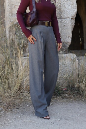 bytugcekaya Gray Pleated Detailed Buttoned Palazzo