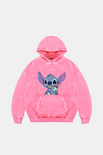 Sekizbiraltı Ροζ φούτερ με κουκούλα, με στάμπα Stitch Baby, μεγάλου μεγέθους, Unisex, που πλένεται